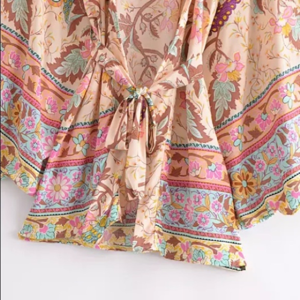 Beige Boho Multi Color Floral Peacock Short Kimono - Picture 3 of 10